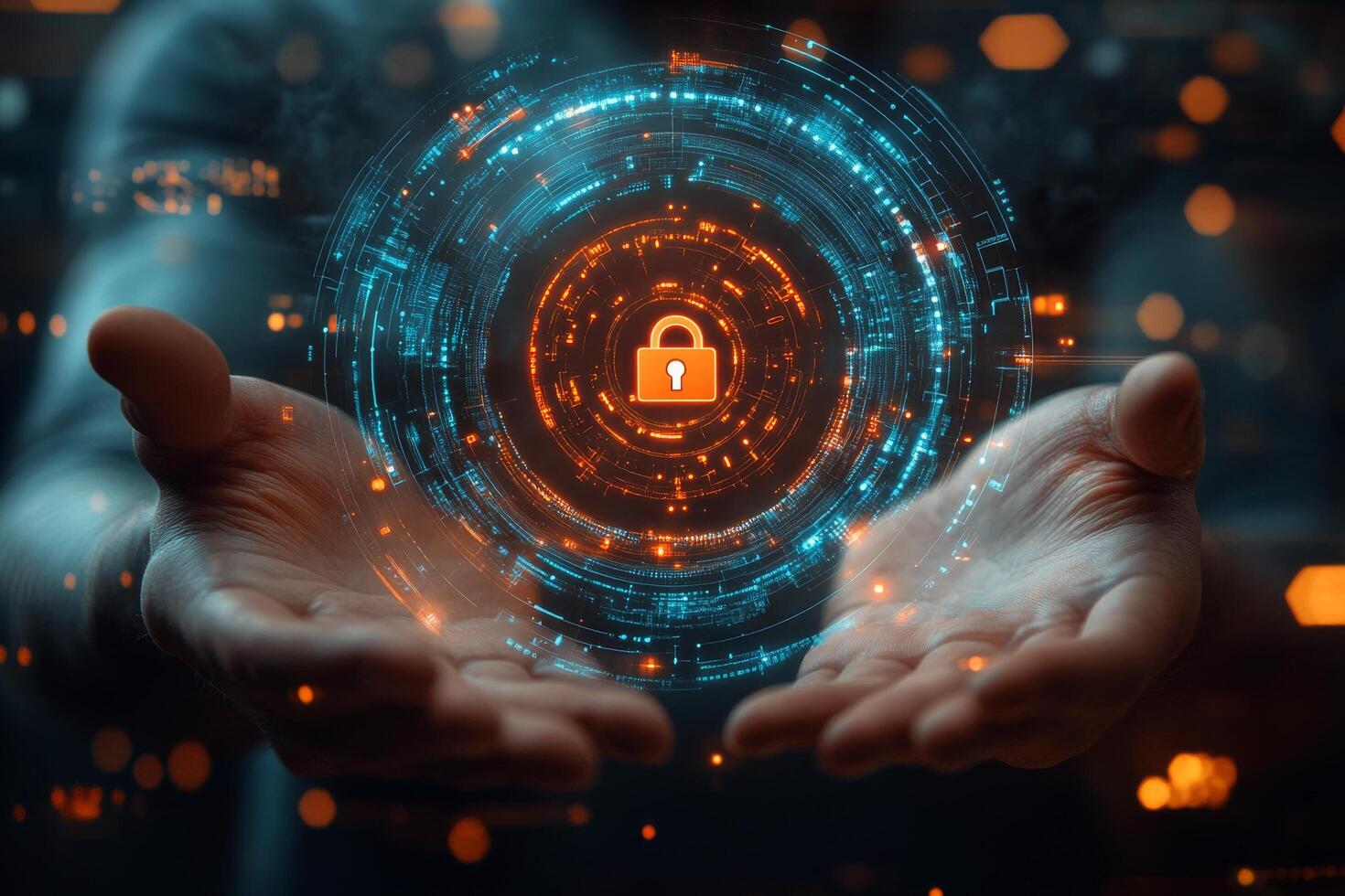 Hands holding a glowing digital shield representing cybersecurity in a modern setting photo