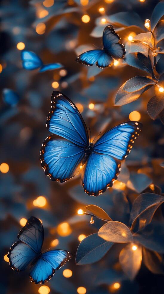 Blue butterflies flutter among glowing lights in a serene garden at twilight photo