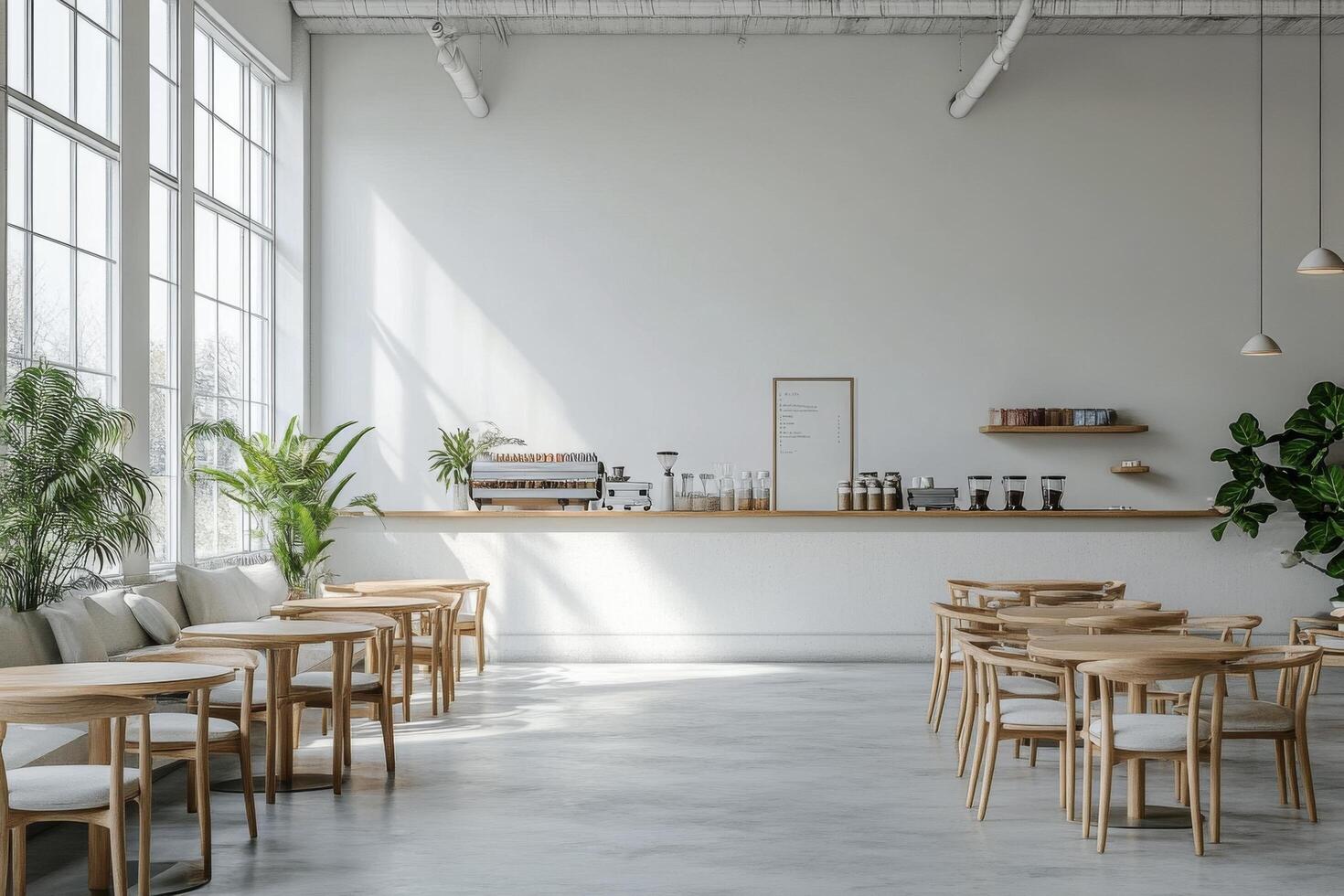 Modern cafe interior with large windows, minimalist furniture, and a warm ambiance in the daytime photo
