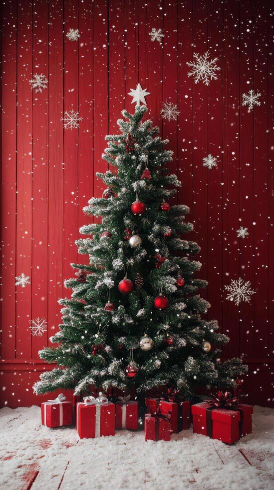 Christmas tree adorned with red ornaments and wrapped gifts in a festive setting photo