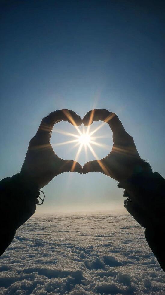 Two people forming a heart shape with their hands against a bright sun in a clear blue sky photo
