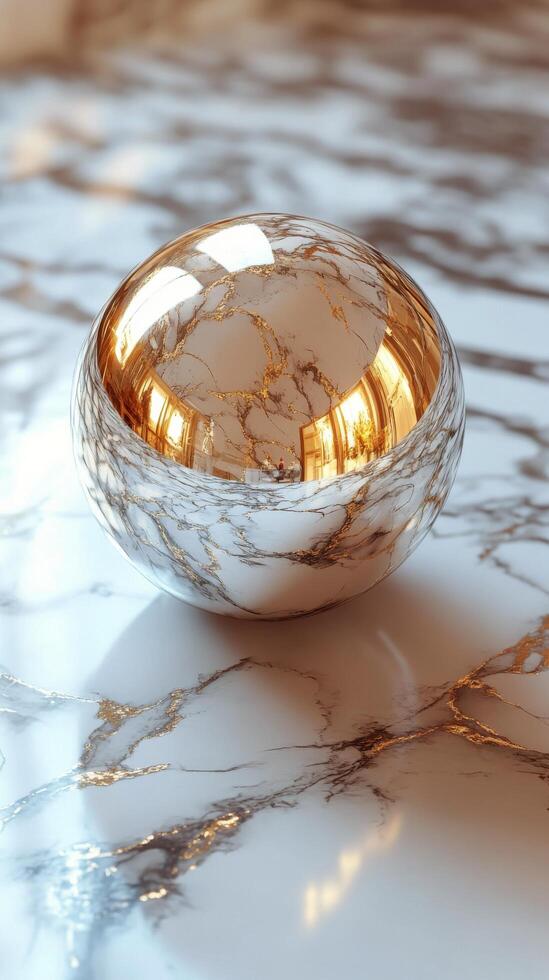 Elegant marble sphere resting on a polished surface with golden veins and reflections photo