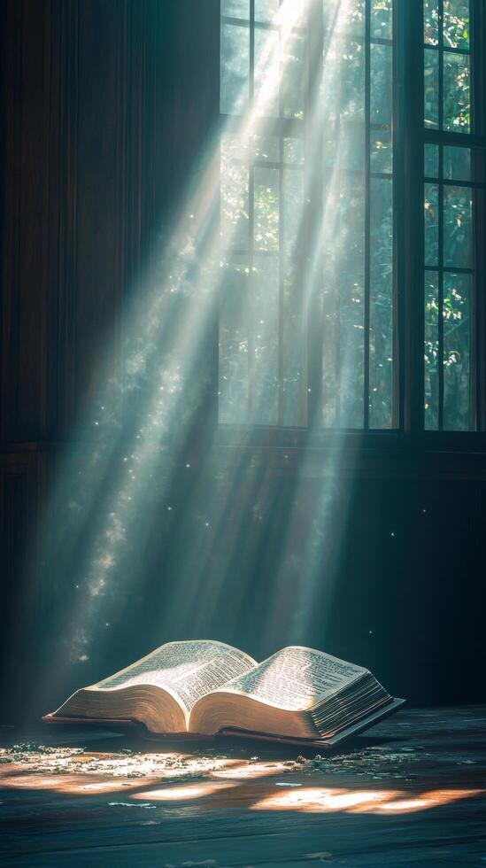 An open book emits glowing particles in a mystical setting with sunlight filtering through photo