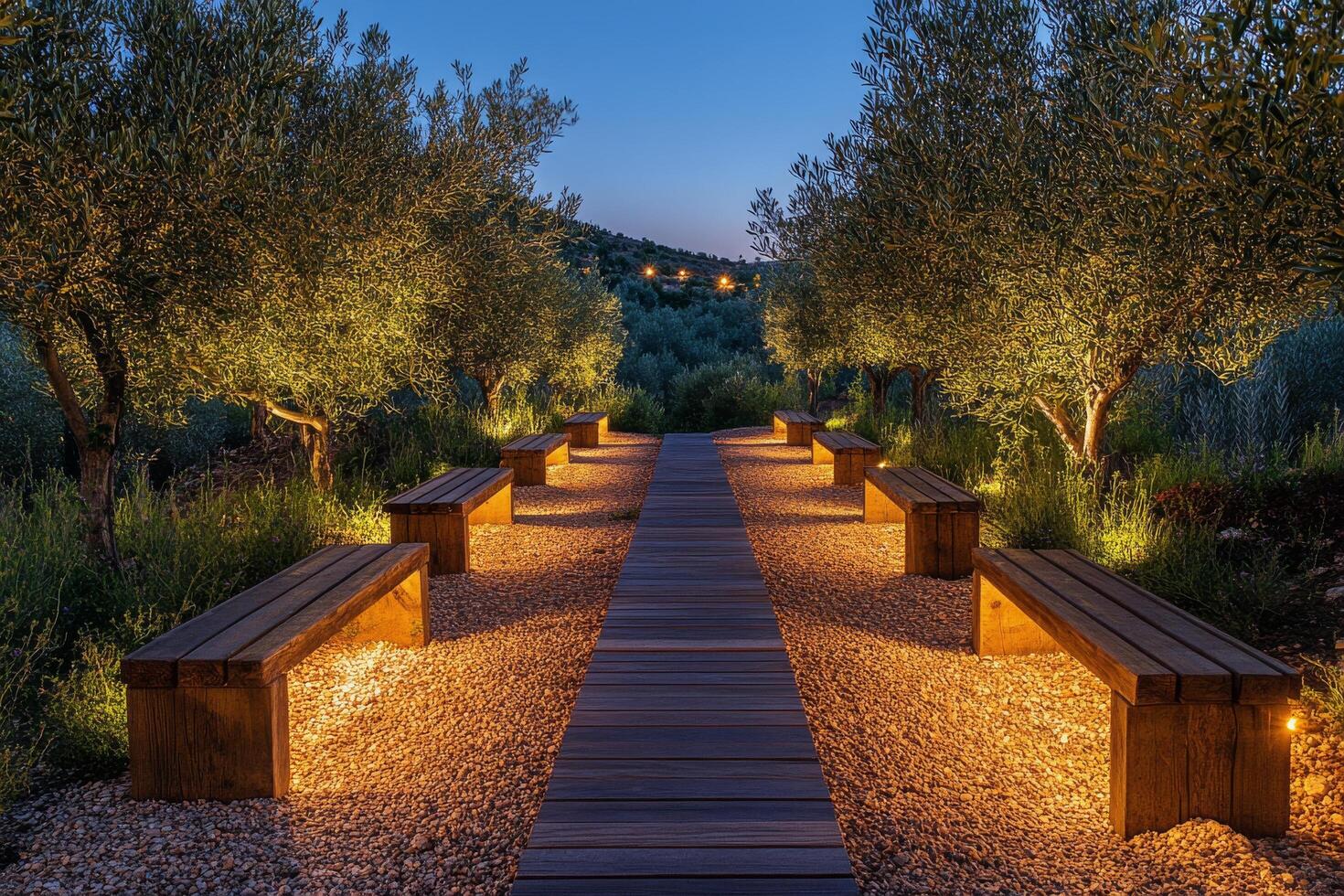 Serene pathway lined with olive trees and benches illuminated at twilight in a peaceful garden photo