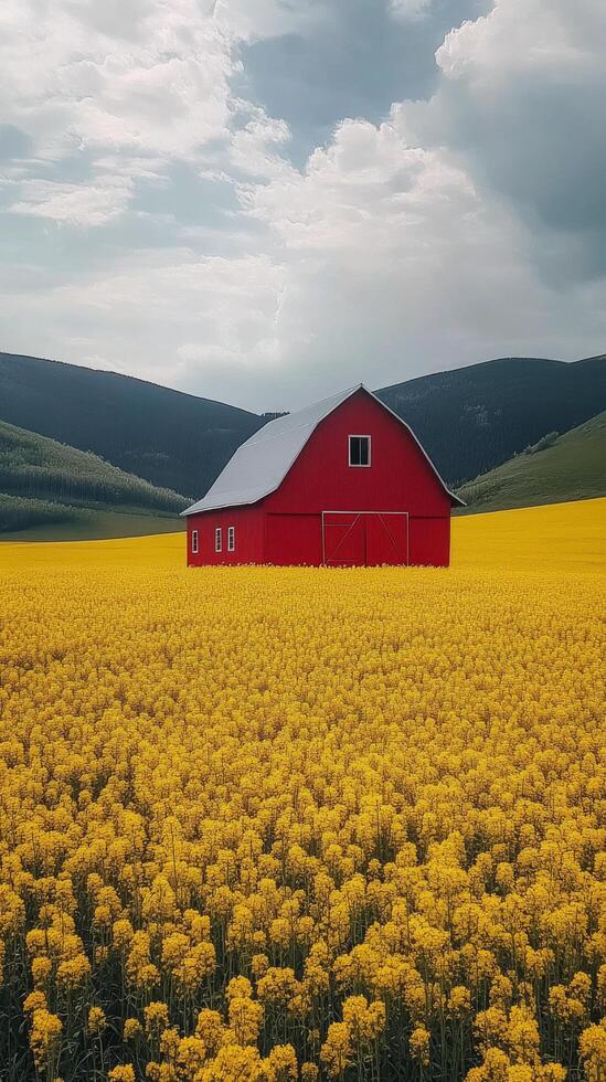 A red barn surrounded by vibrant yellow flowers in a scenic rural landscape with mountains photo