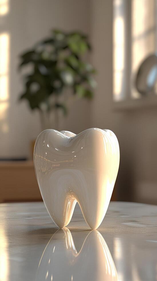 Ceramic tooth sculpture displayed on a marble surface in a modern indoor setting photo