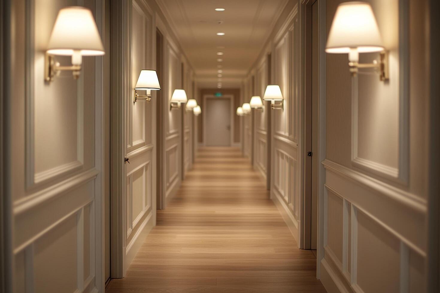 Elegant hotel corridor illuminated by soft wall sconces in a modern building setting photo