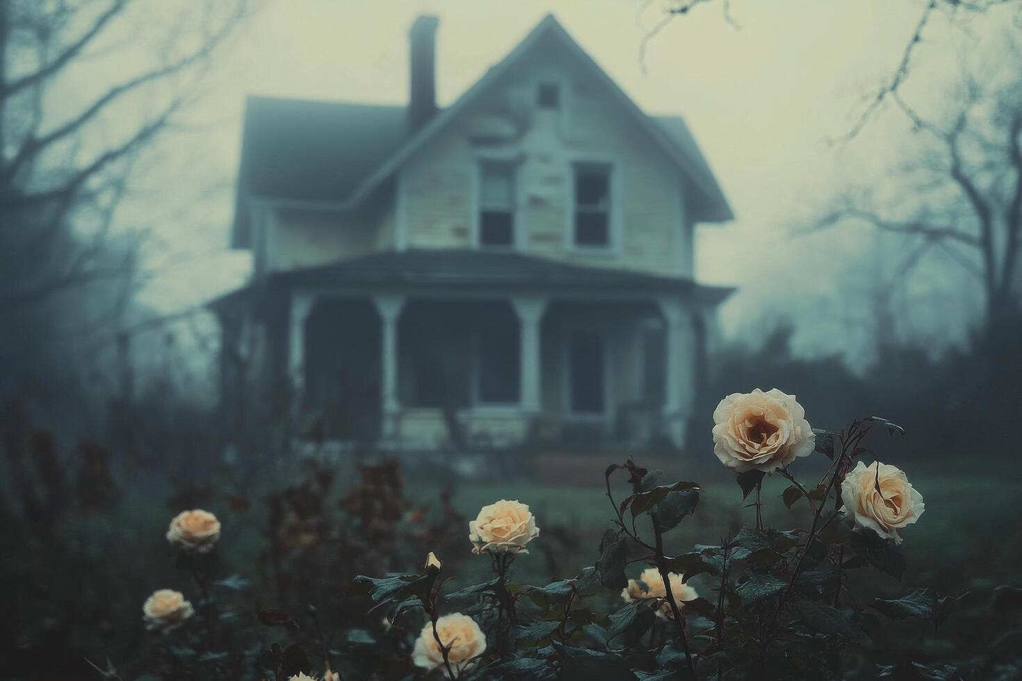 Mysterious old house surrounded by roses in a foggy landscape during twilight hours photo