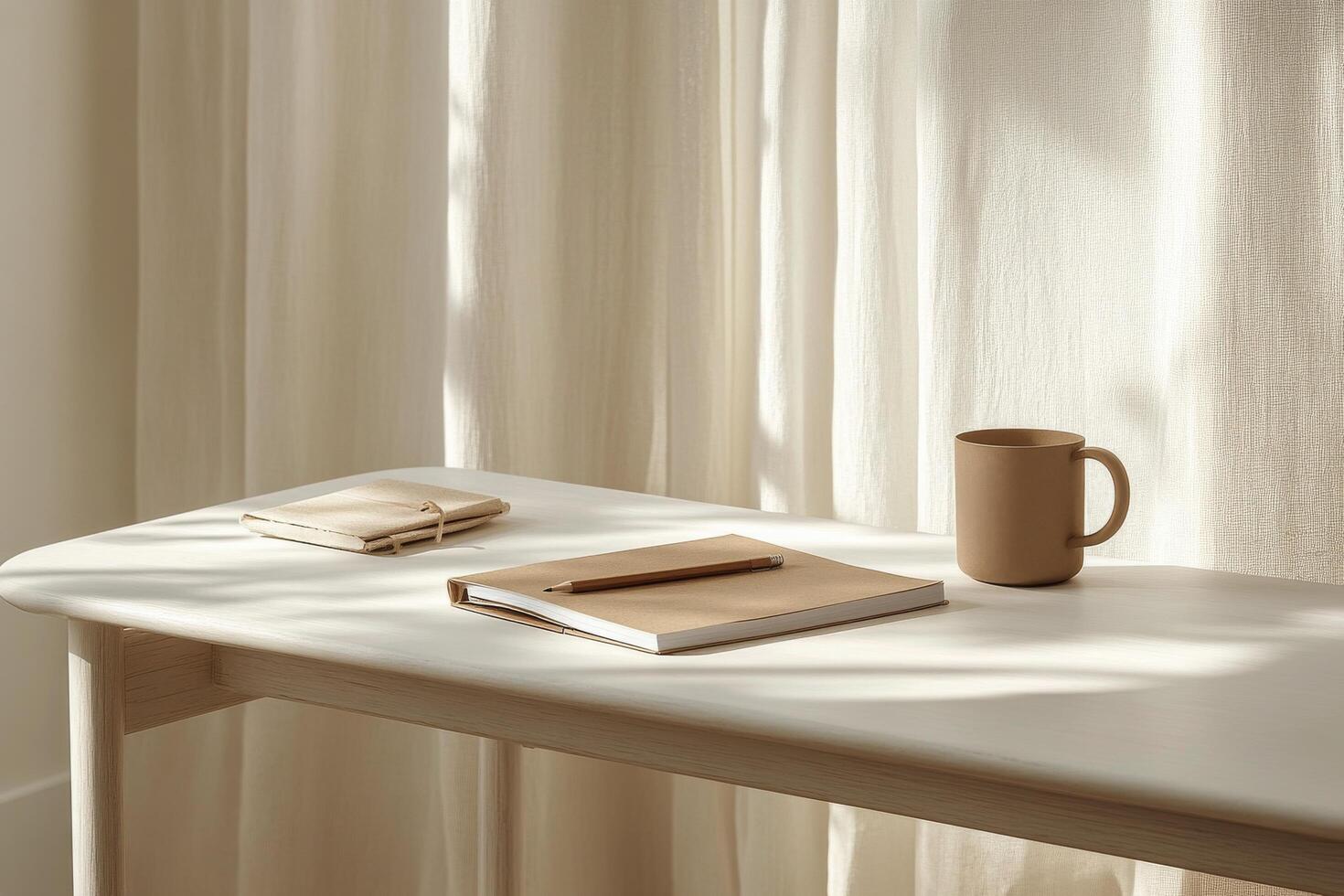 A serene workspace featuring a warm cup and neatly arranged notebooks in natural light photo