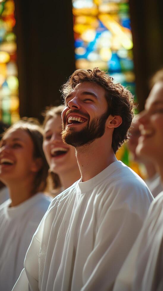 Joyful woman smiling with closed eyes in a group setting near stained glass windows photo