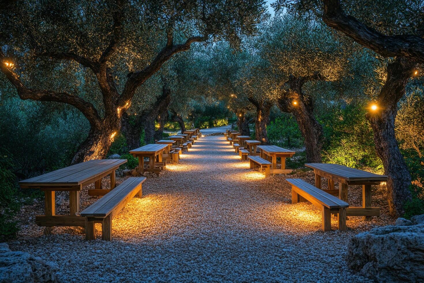Serene pathway lined with olive trees and benches illuminated at twilight in a peaceful garden photo