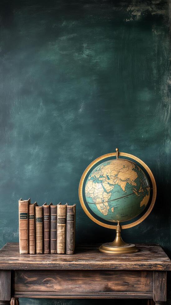Vintage globe on a wooden table next to a stack of aged books against a textured green backdrop photo