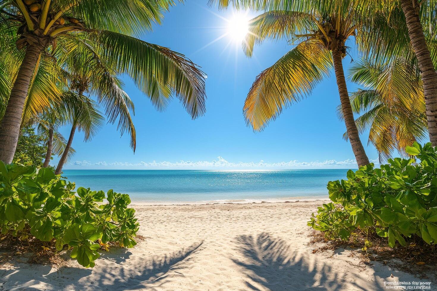 A serene beach view with palm trees and bright sunlight shining over clear blue waters photo