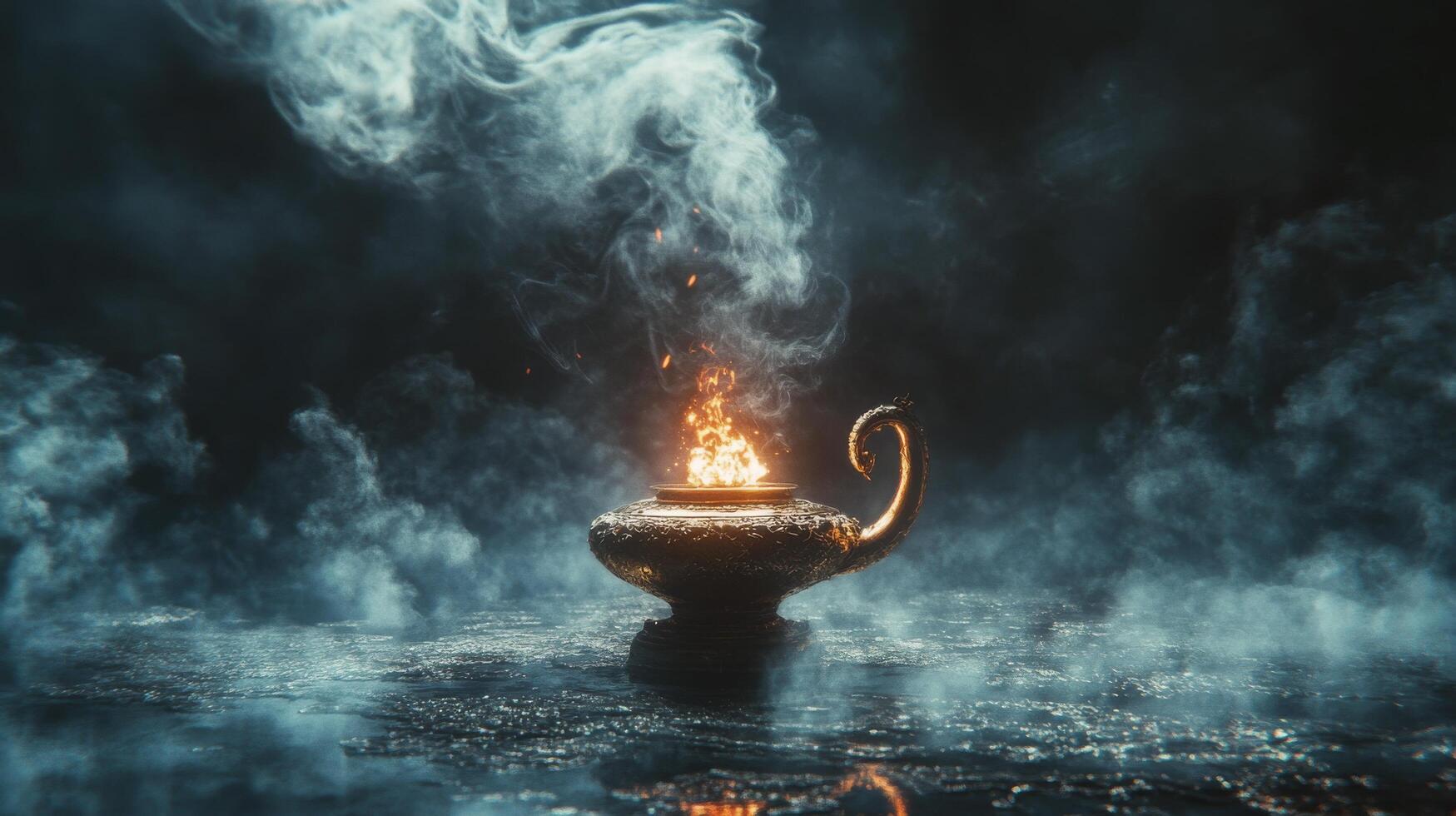 Mystical antique lamp surrounded by swirling smoke in a dimly lit atmosphere photo