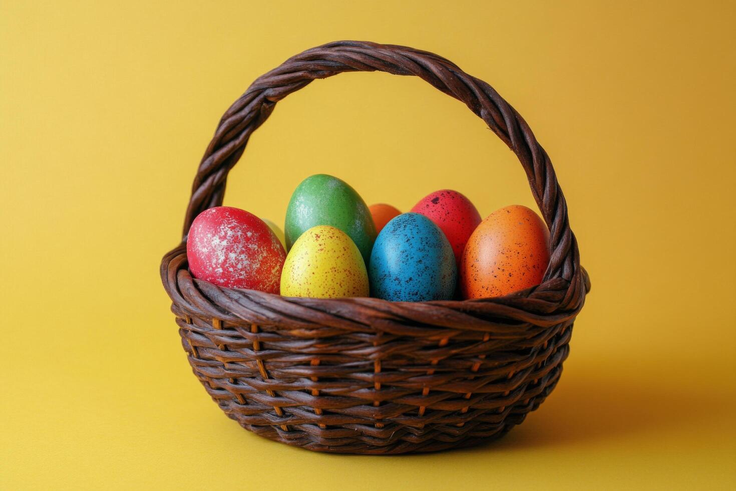 Colorful Easter eggs in a woven basket against a bright yellow background during springtime photo