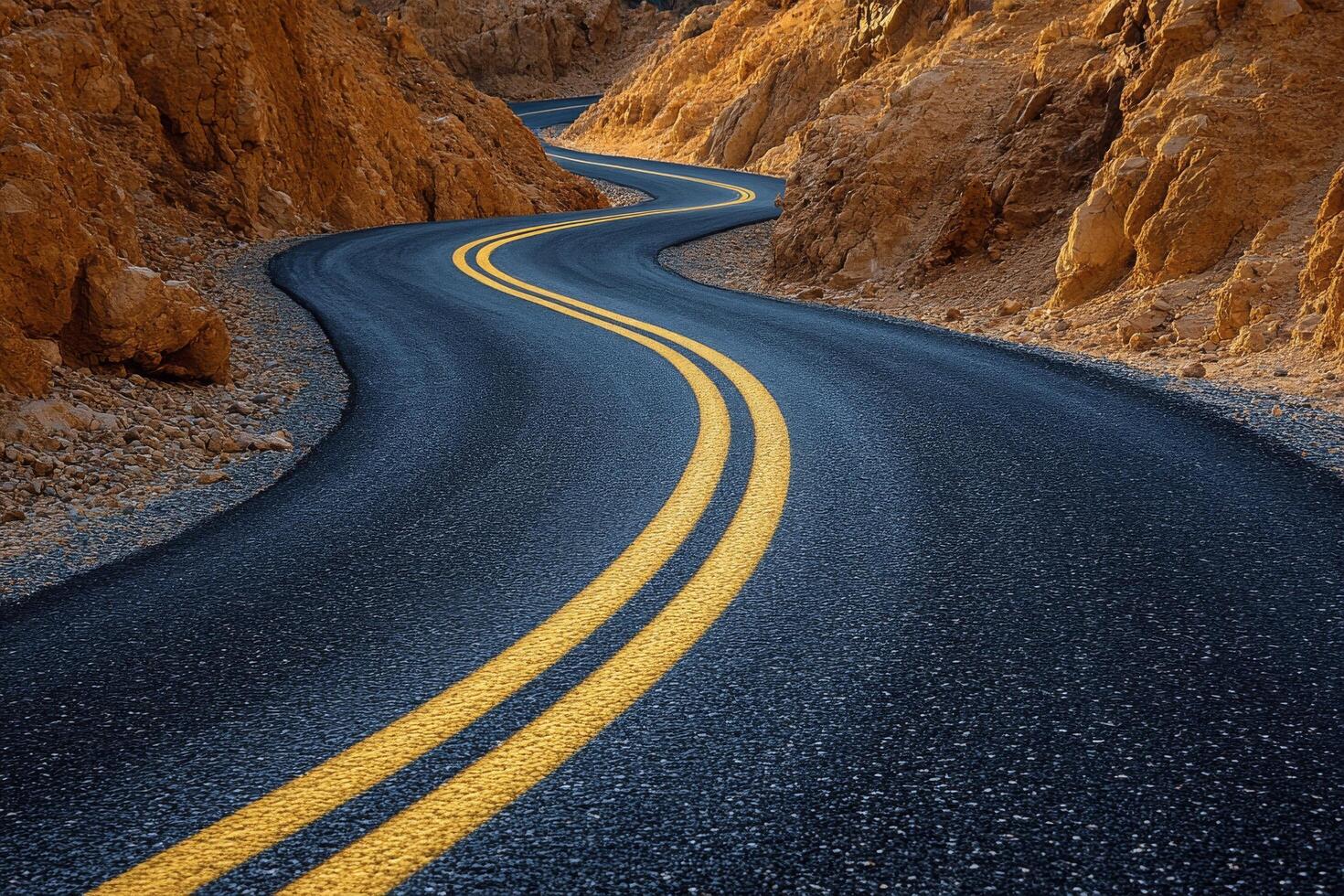 Curving mountain road winding through rocky terrain under cloudy sky during early morning photo