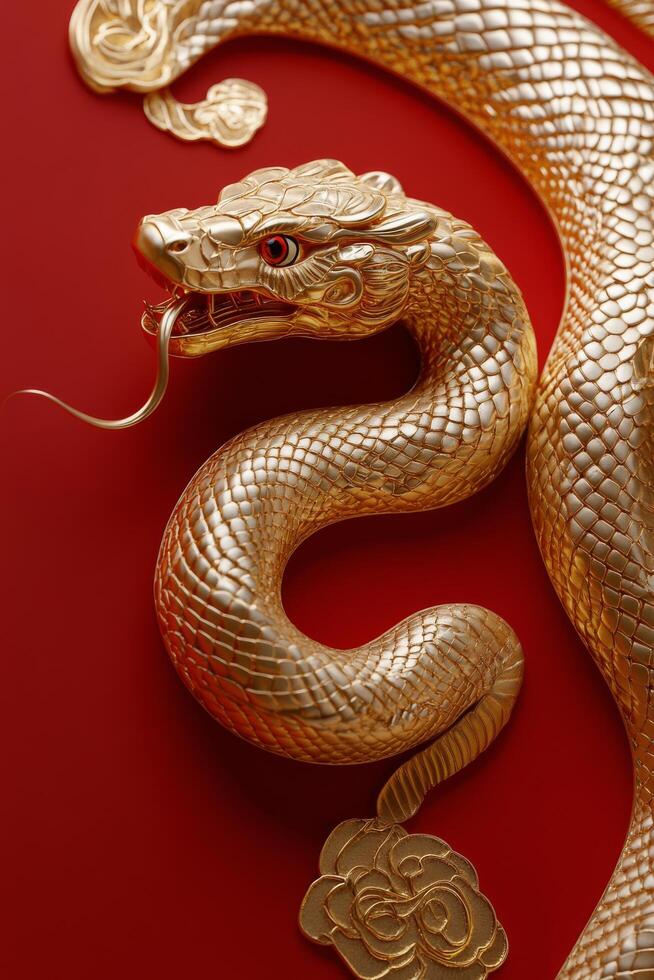 Golden serpent sculpture coiling around a red background with intricate patterns photo