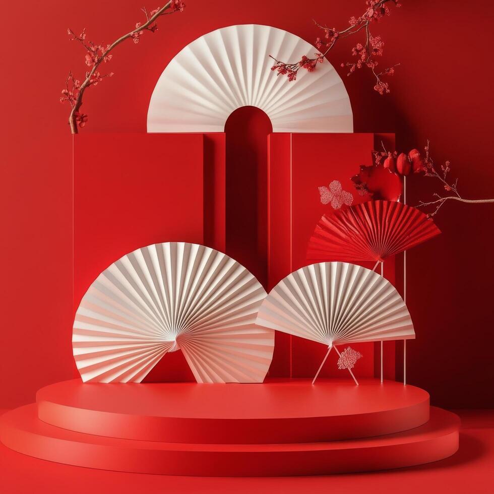 Artistic display with red background and decorative fans in a modern setting photo