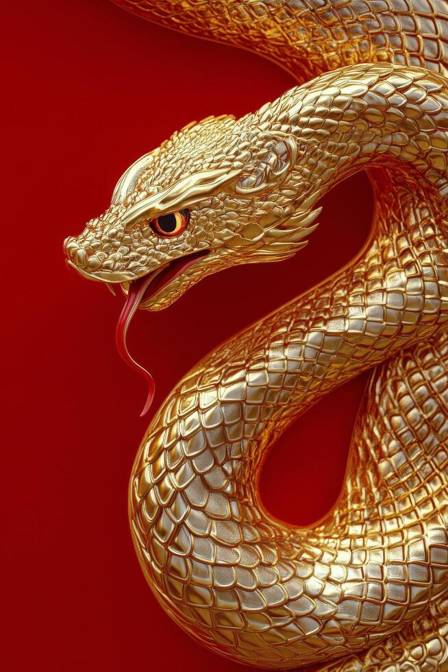 Golden serpent sculpture coiling around a red background with intricate patterns photo