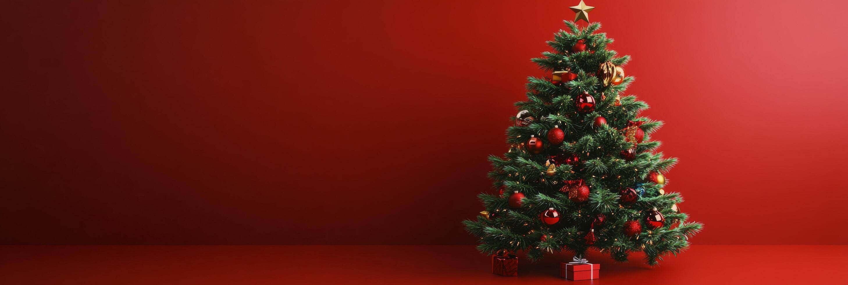 Festively decorated Christmas tree in a cozy indoor setting with a vibrant red backdrop photo