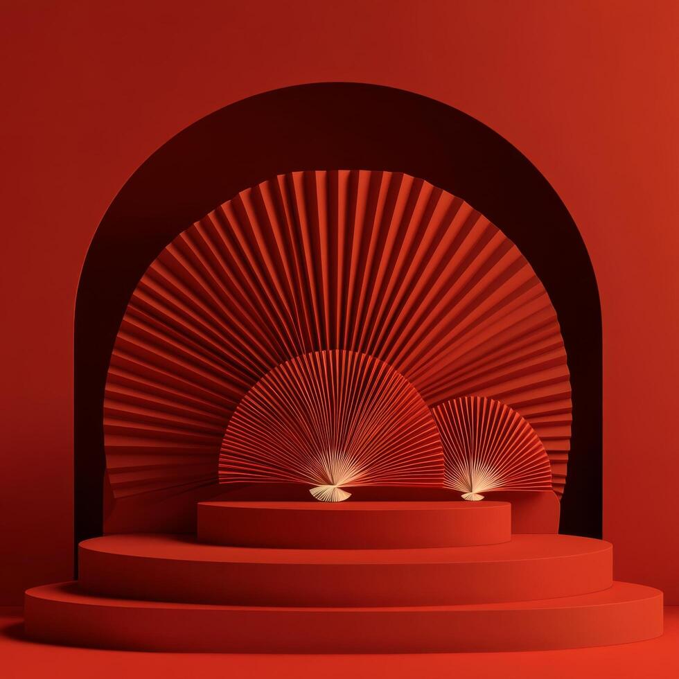Artistic display with red background and decorative fans in a modern setting photo
