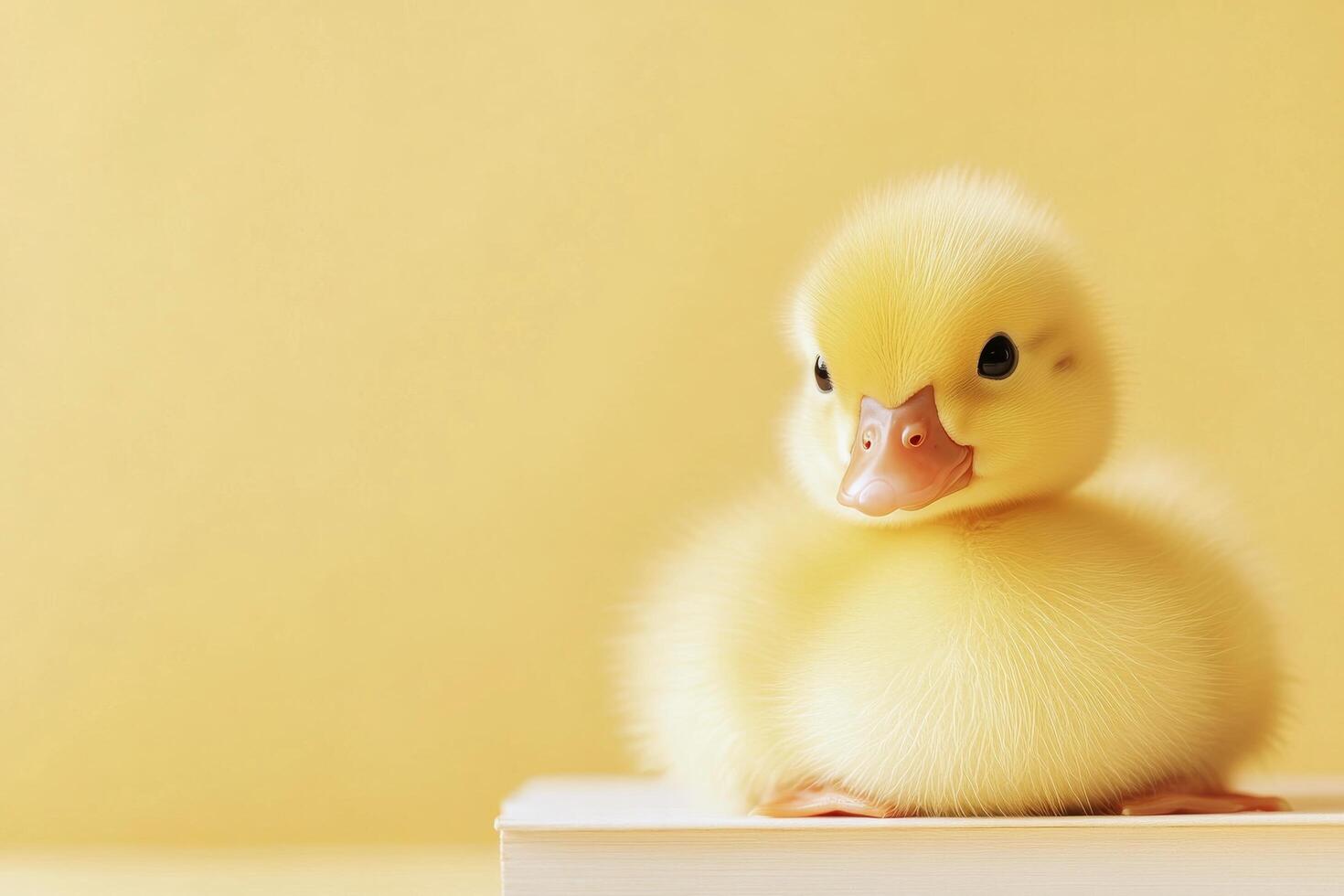 Cute yellow duckling sitting in soft light on a yellow background photo