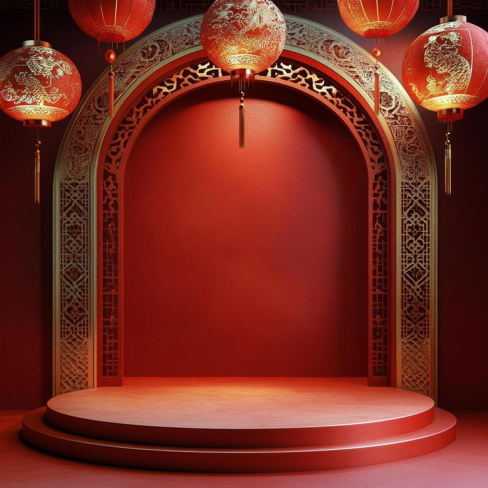 Elegant traditional stage decorated with red lanterns and intricate designs for cultural performance photo