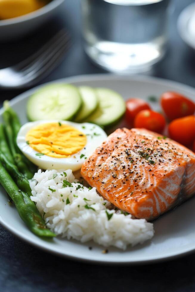 Delicious salmon dish with rice, vegetables, and a perfectly cooked egg served on a gray plate photo