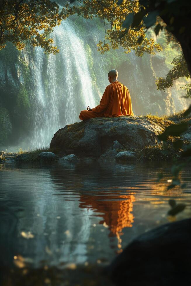 Meditating monk by tranquil waterfall reflects peace in nature during golden hour photo