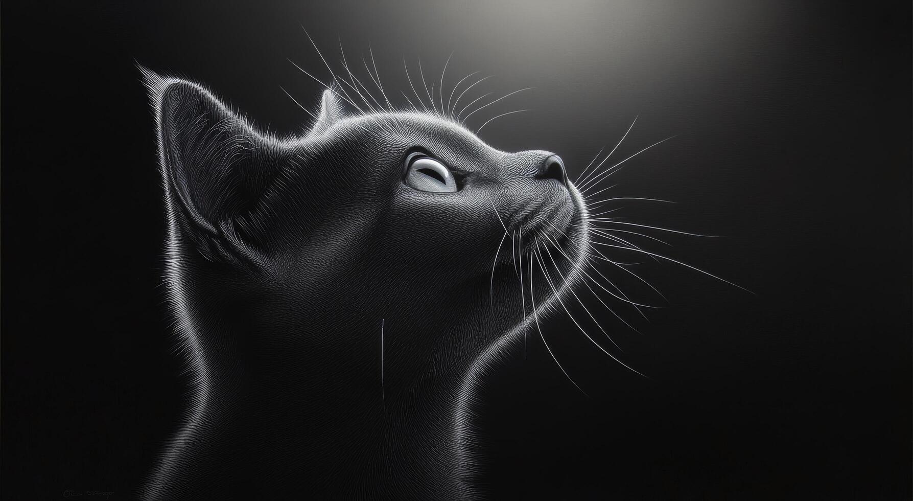 Grey cat gazes thoughtfully with illuminated profile against dark background photo