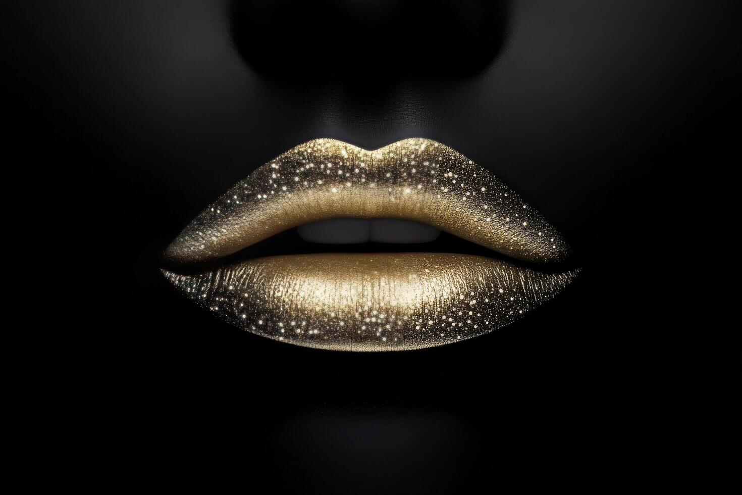 Elegant black and gold glitter lipstick art with striking contrast on a dark background photo