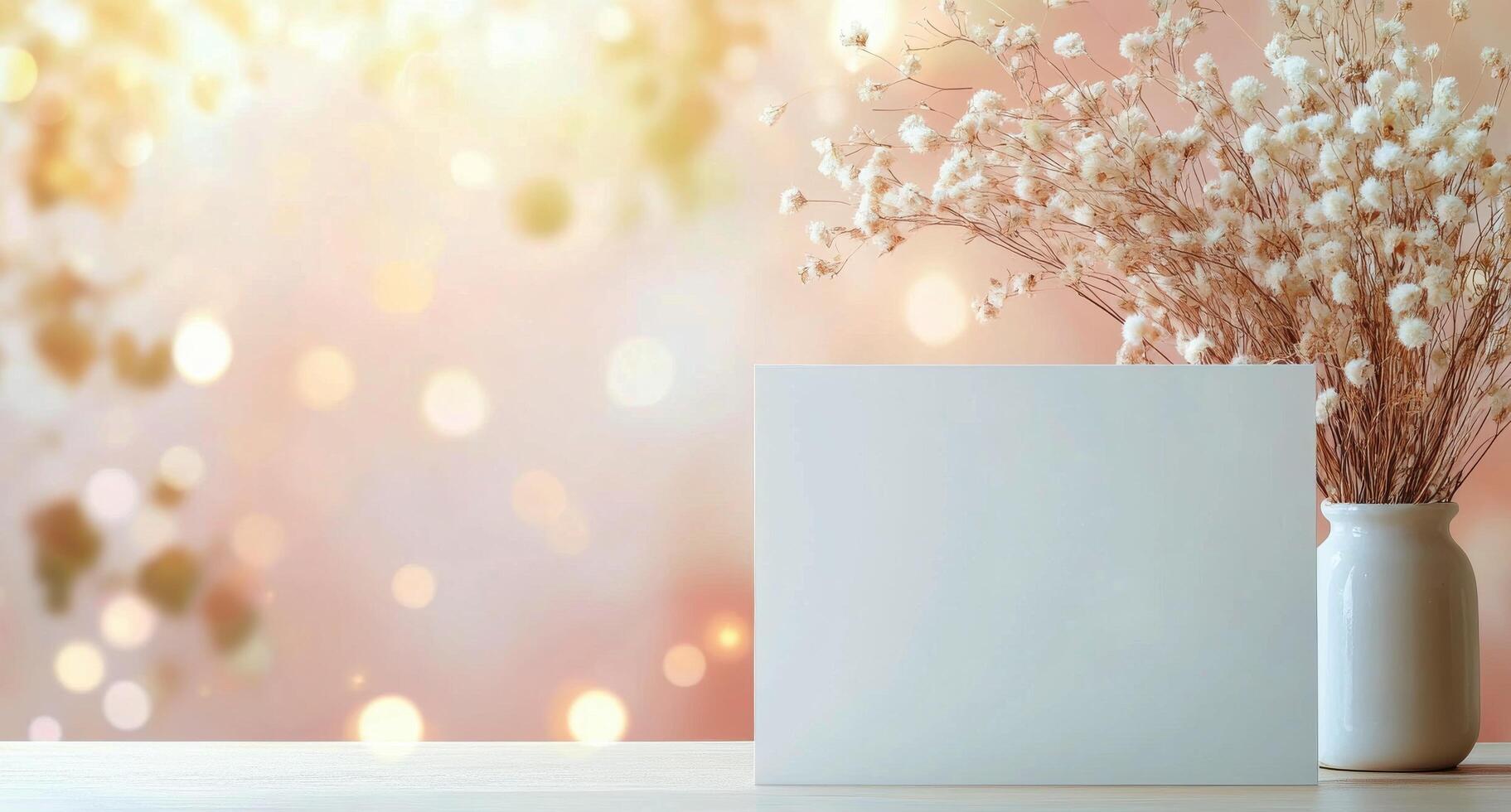 Blank card next to a vase with dried flowers in a softly lit background setting photo