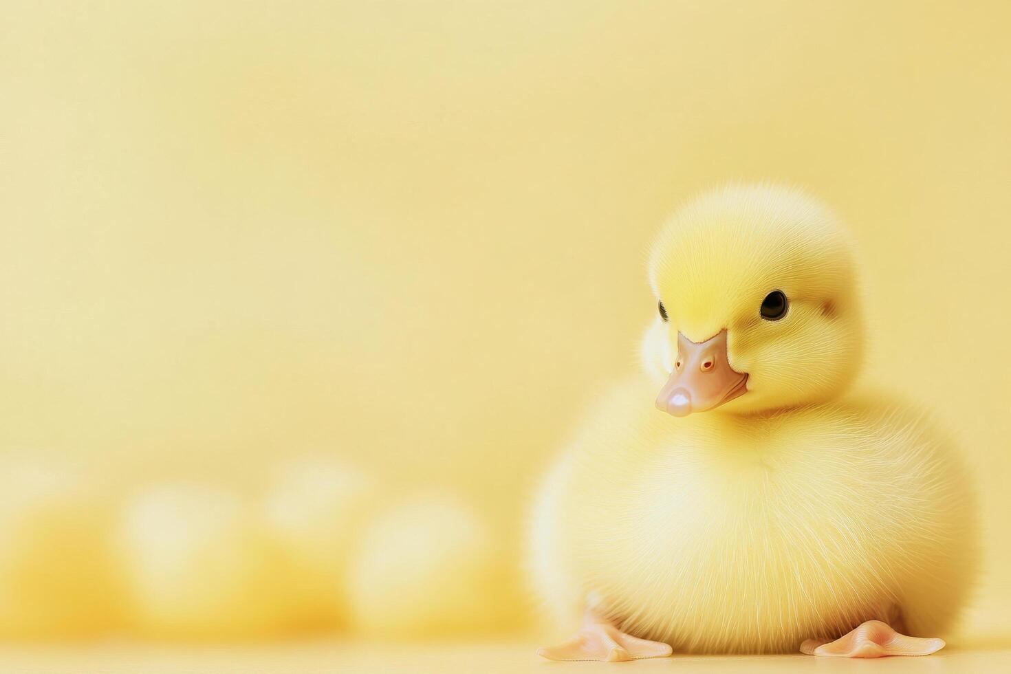 Cute yellow duckling sitting in soft light on a yellow background photo