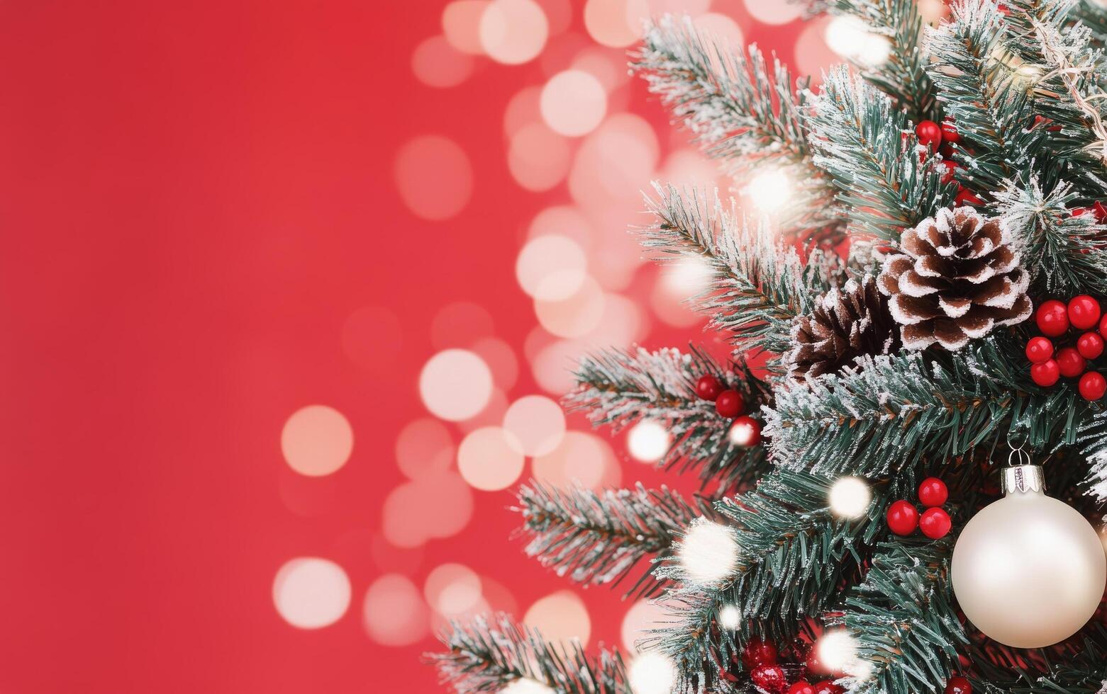 Festive holiday decor featuring a snowy tree against a vibrant red background with lights photo