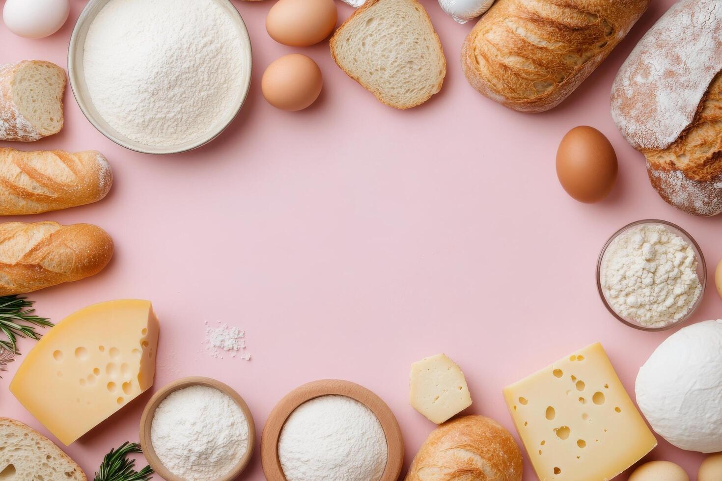 Various baking ingredients including flour, eggs, cheese, and bread on a pink surface photo