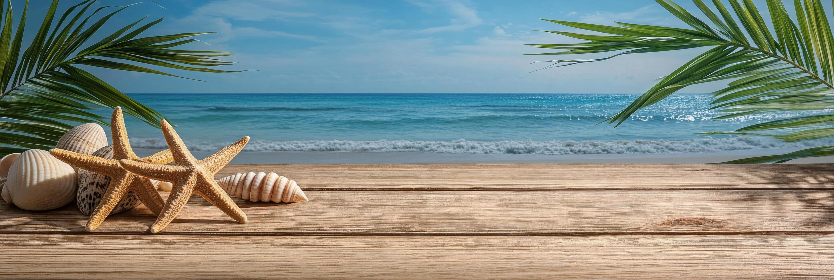 Coastal beachfront with seashells and starfish on wooden surface during sunny day photo