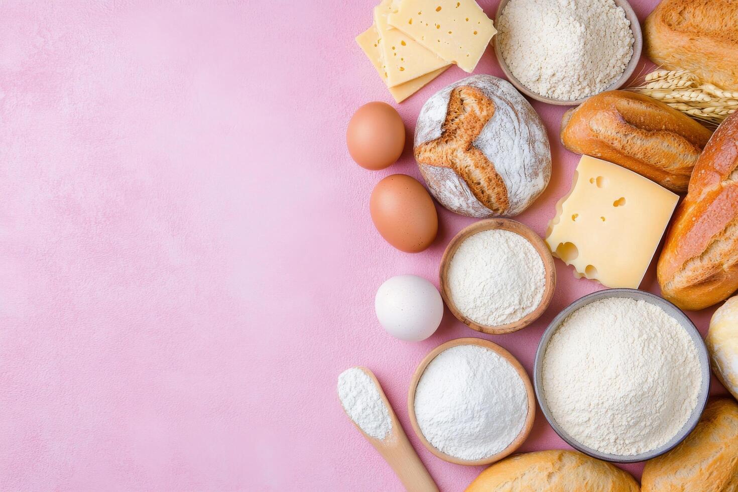 Various baking ingredients including flour, eggs, cheese, and bread on a pink surface photo