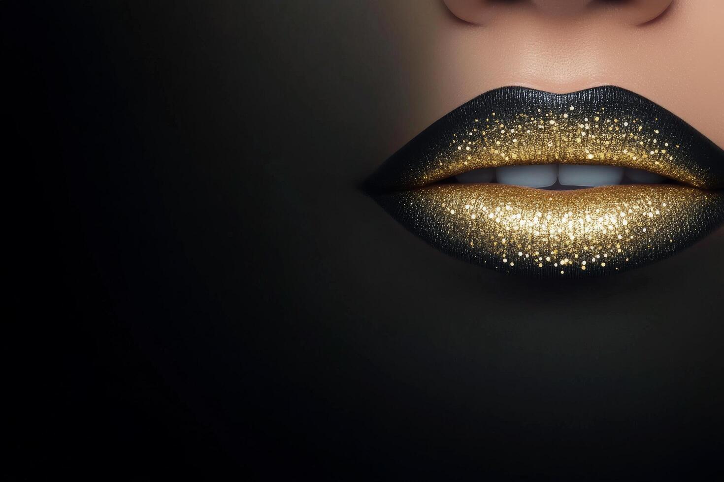Elegant black and gold glitter lipstick art with striking contrast on a dark background photo