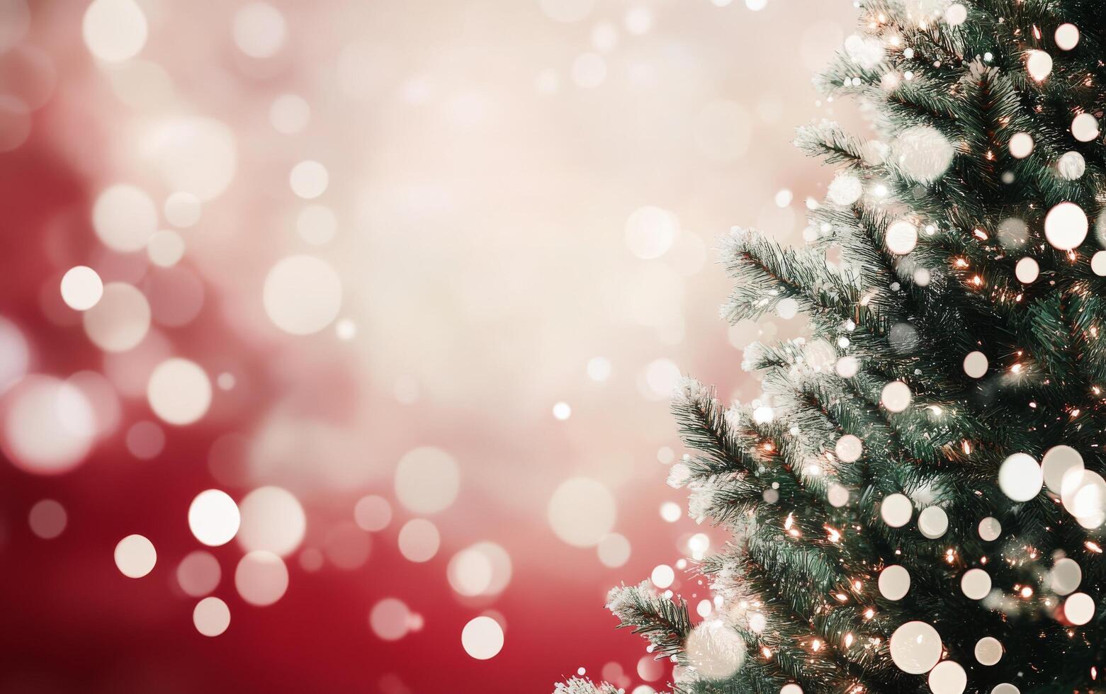 Festive holiday decor featuring a snowy tree against a vibrant red background with lights photo