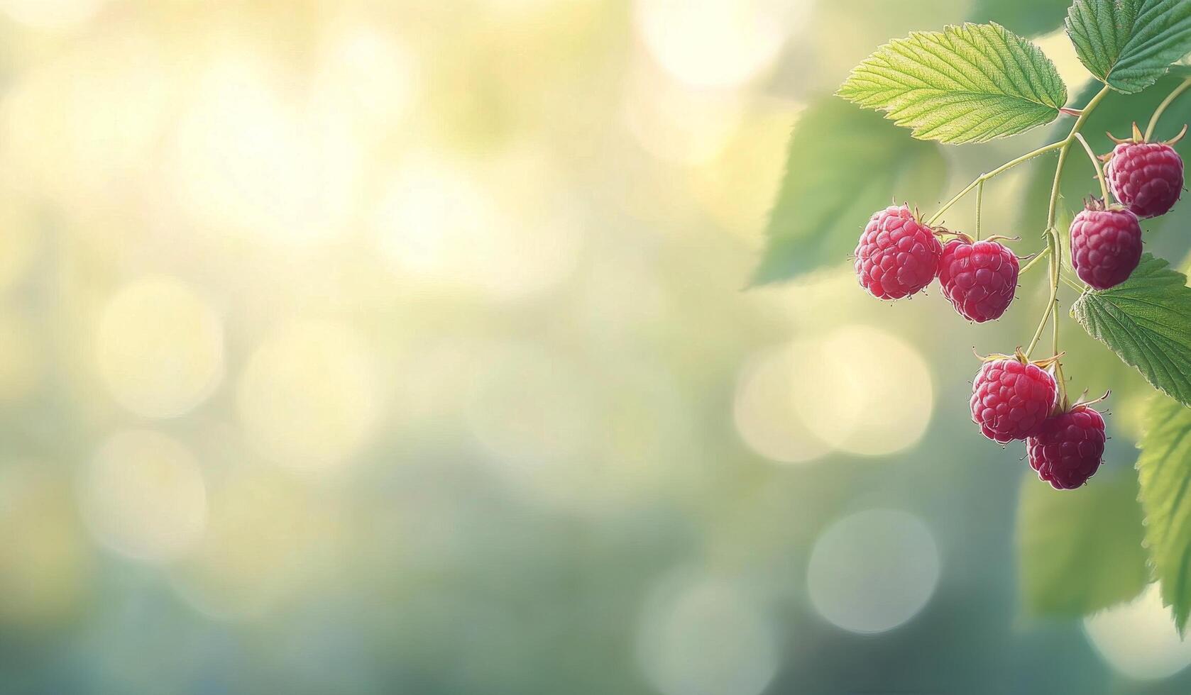 Ripe raspberries glistening in sunlight with soft bokeh background during summer harvest photo