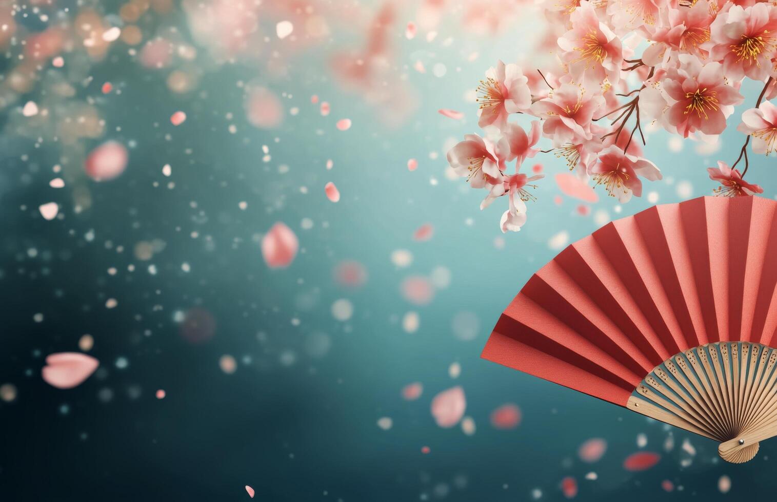 Cherry blossoms and red fan create a tranquil spring atmosphere with floating petals photo