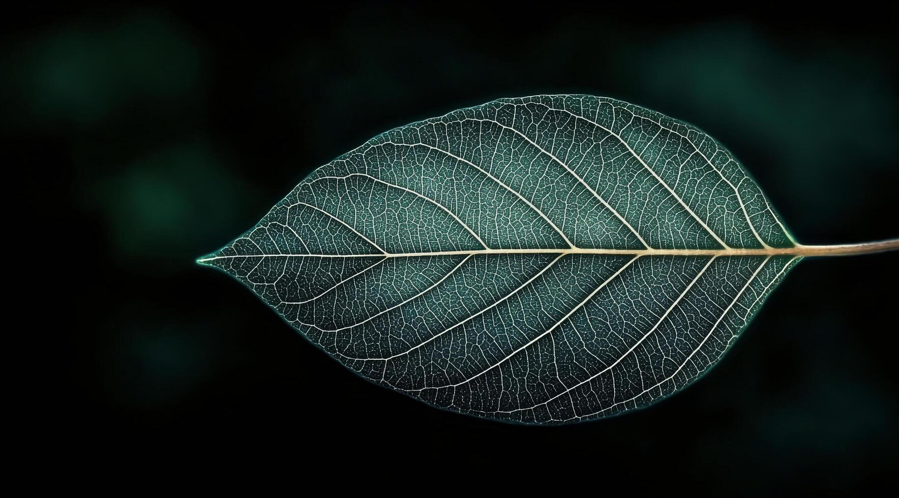 Close up view of a green leaf showcasing intricate vein patterns against a black background photo