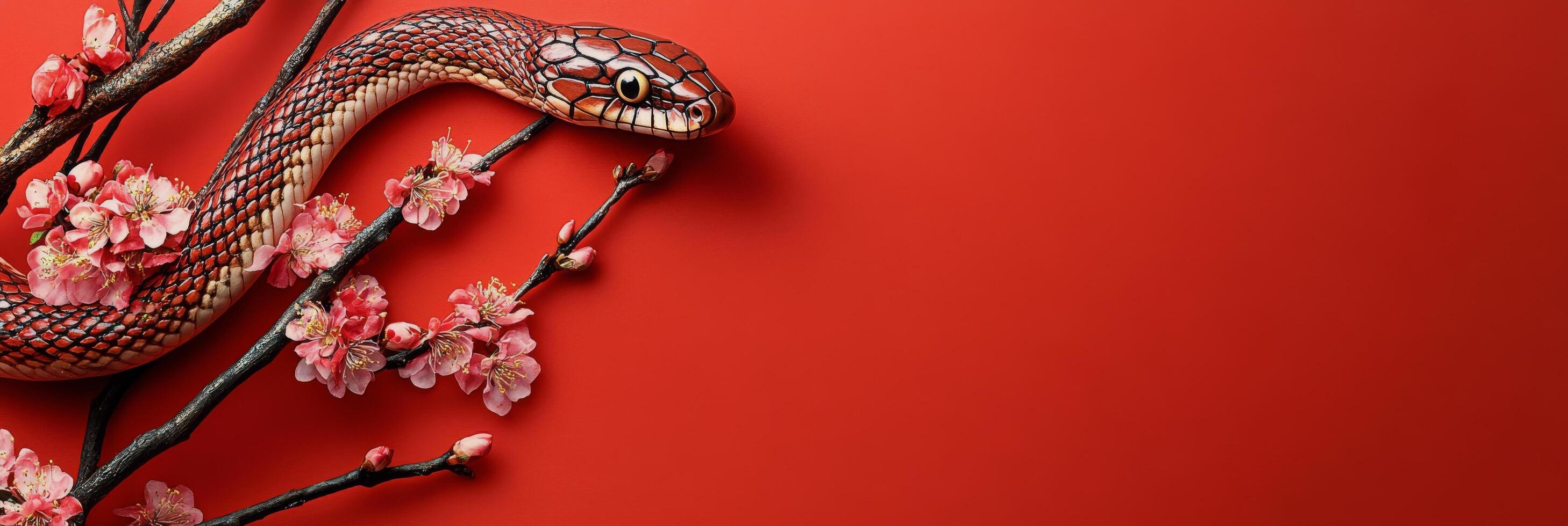Black snake entwined with pink blossoms against a red backdrop representing nature and beauty photo
