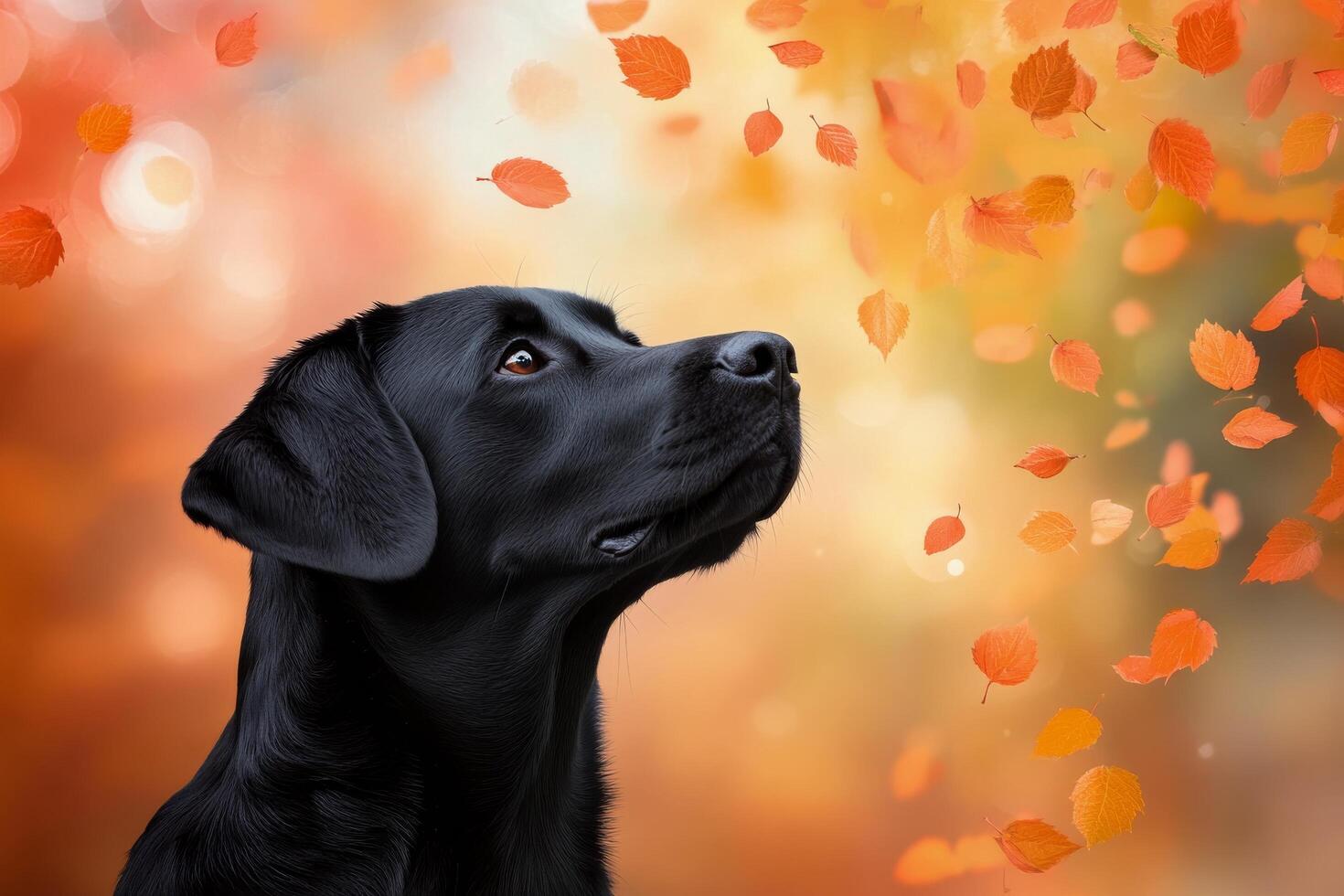 Black dog observes falling leaves in a vibrant autumn setting with a soft glow during sunset photo