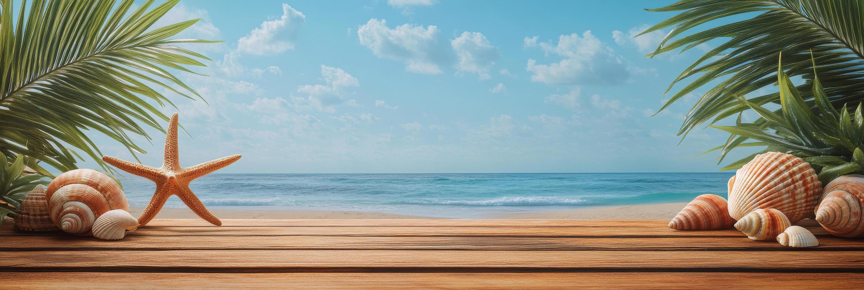 Coastal beachfront with seashells and starfish on wooden surface during sunny day photo