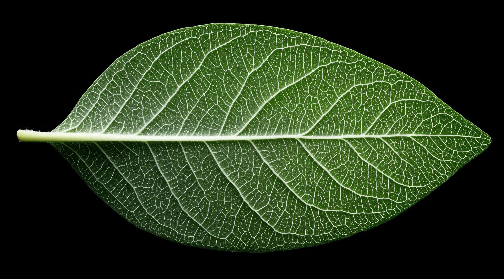 Close up view of a green leaf showcasing intricate vein patterns against a black background photo