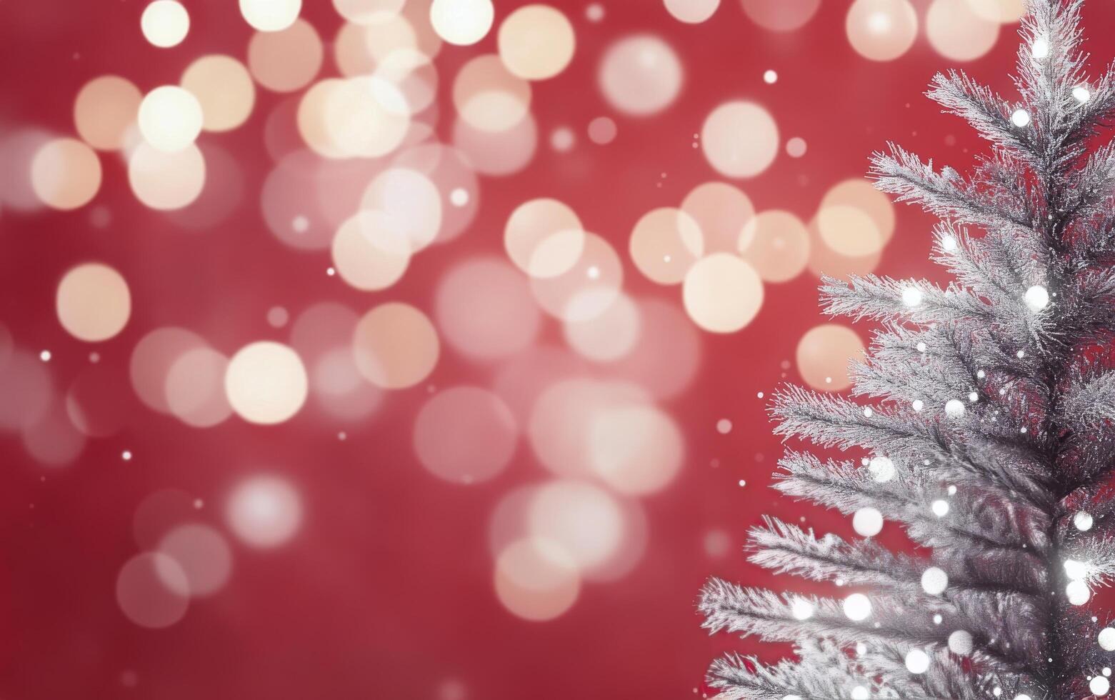 Festive holiday decor featuring a snowy tree against a vibrant red background with lights photo