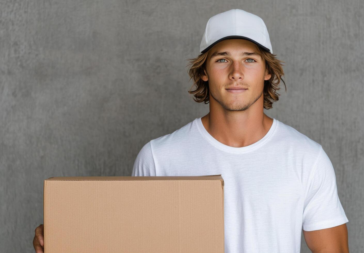 Young man delivering a package wearing a white cap and t shirt in a neutral backdrop photo