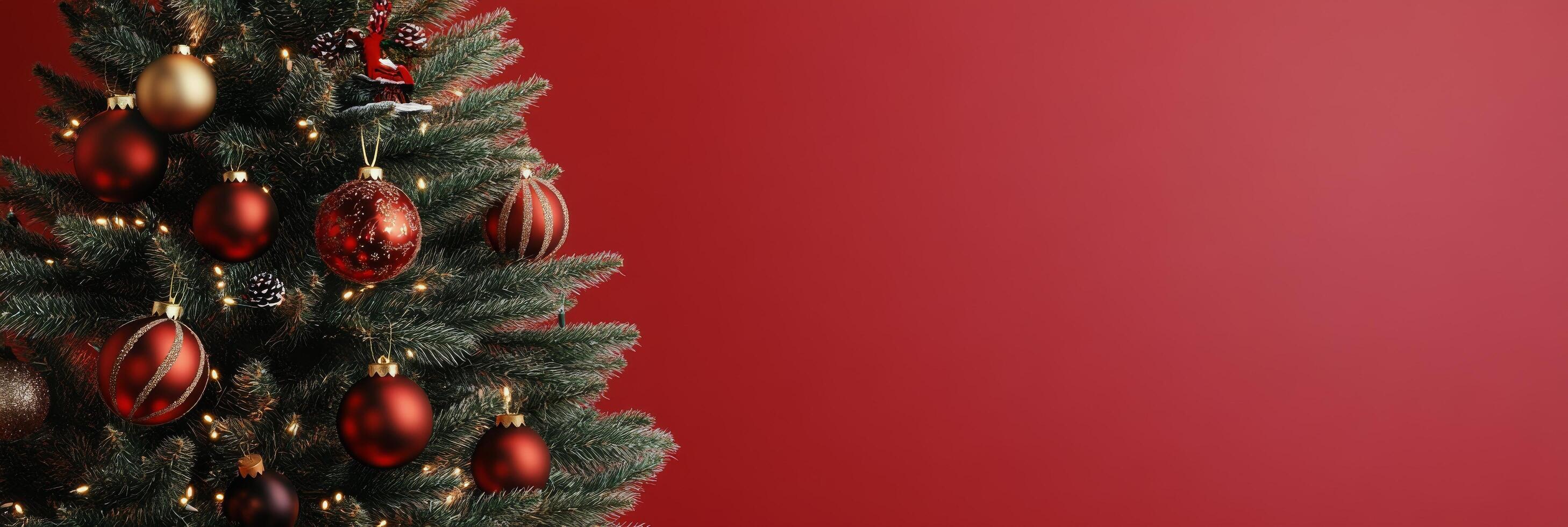Festively decorated Christmas tree in a cozy indoor setting with a vibrant red backdrop photo