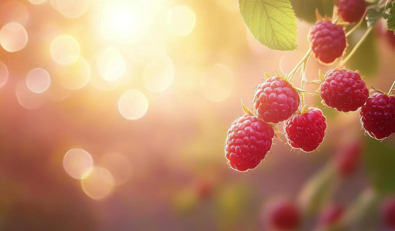 Ripe raspberries glistening in sunlight with soft bokeh background during summer harvest photo